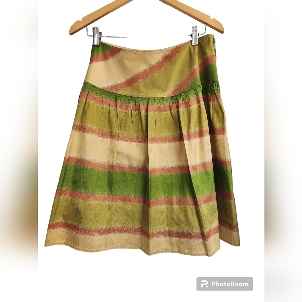 KAY UNGER New York 100% Silk Flare A-Shaped Green and Gold Sz. 14